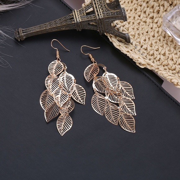 The Secret Pine Jewelry - **DELPHINE* Gold Leaf Pendant Hollow Design Fashion Earrings